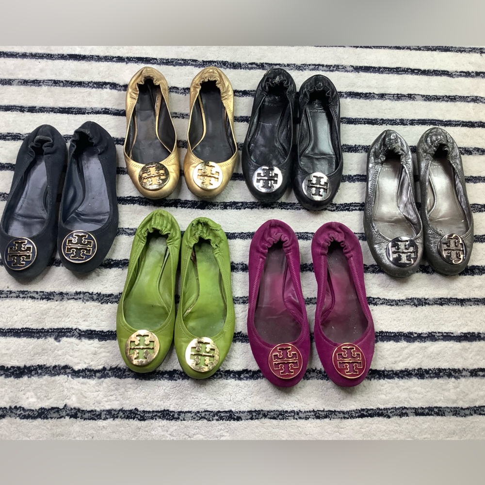 LOT of 6 Authentic Tory Burch Women's Flats-Black,Navy,Gold,Pink,Green.